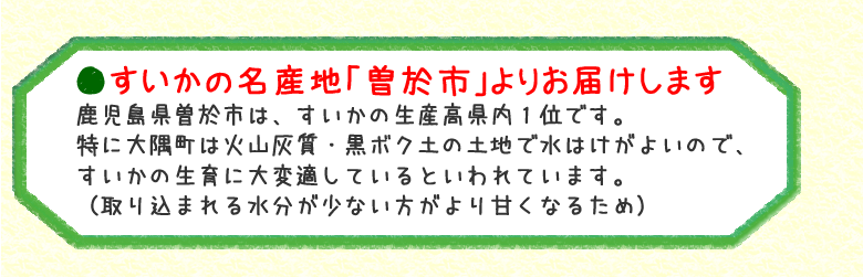 ●すいかの名産地「曽於市」よりお届けします　鹿児島県曽於市は、すいかの生産高県内１位です。特に大隅町は火山灰質の土地で水はけがよいので、すいかの生育に大変適しているといわれています。（取り込まれる水分が少ない方がより甘くなるため）